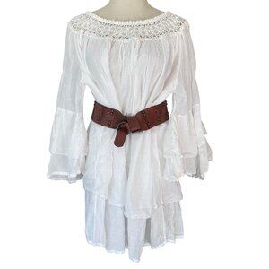 BELLAMBRA - White 100% Cotton Long Sleeve Off the Shoulder Midi Dress Ruffles M